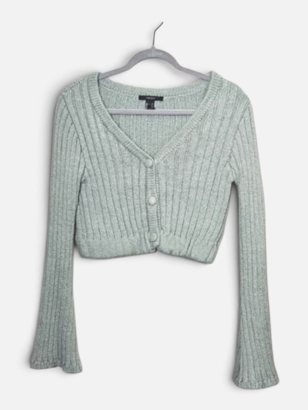 Forever 21 Boho Ribbed Knit Crop Cardigan Sweater Bell Sleeves Sage Green Small